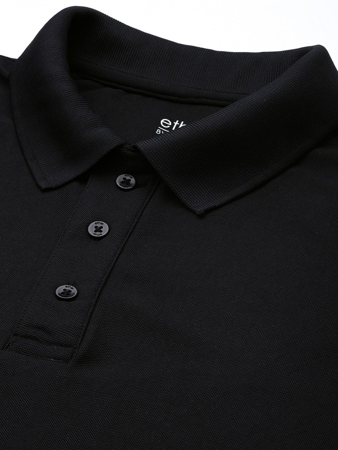 ether Men Black Solid Moisture-Wicking Antimicrobial Polo