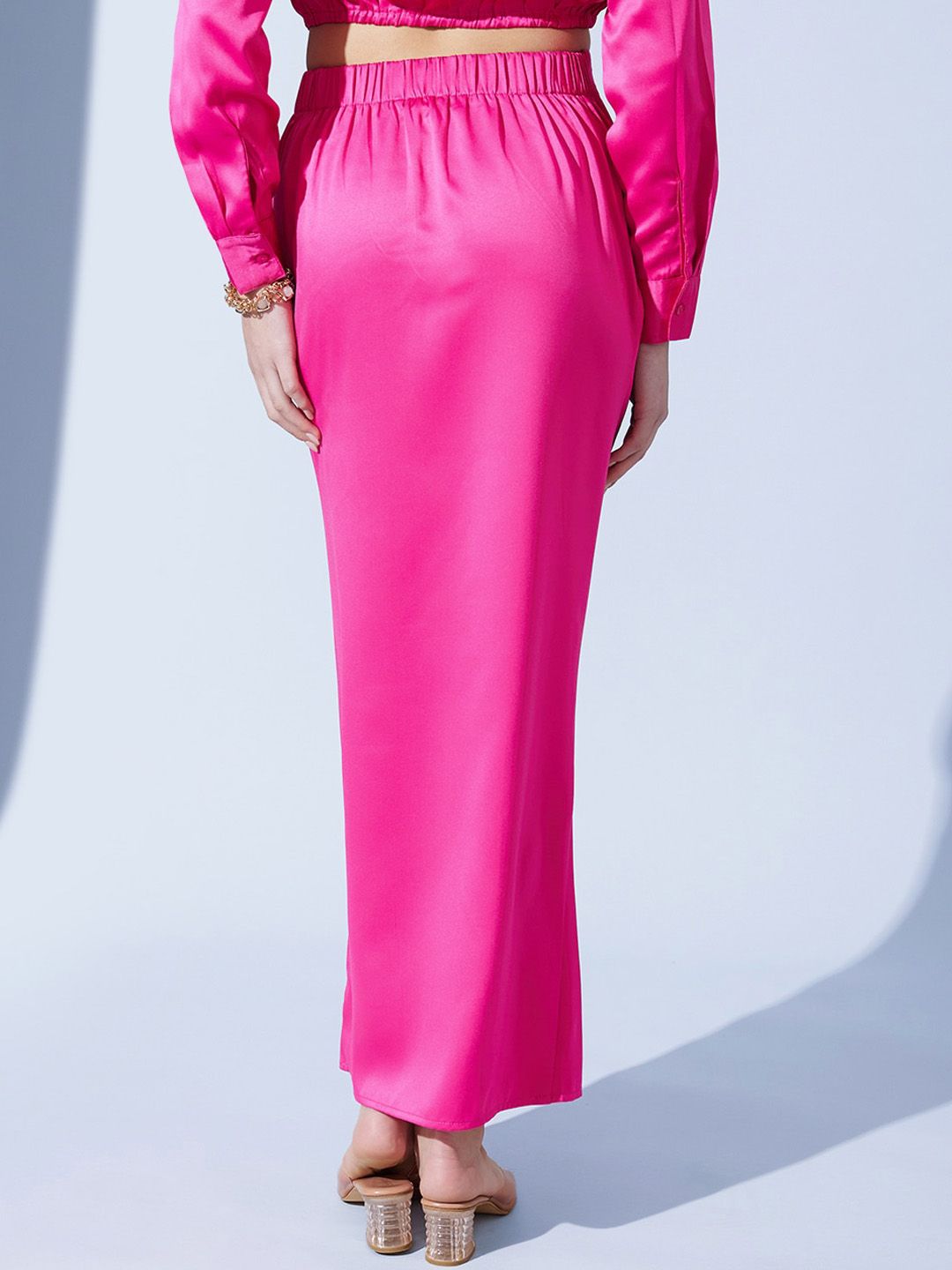 STREET 9 Fuchsia Pleated Satin Pencil Midi Skirt