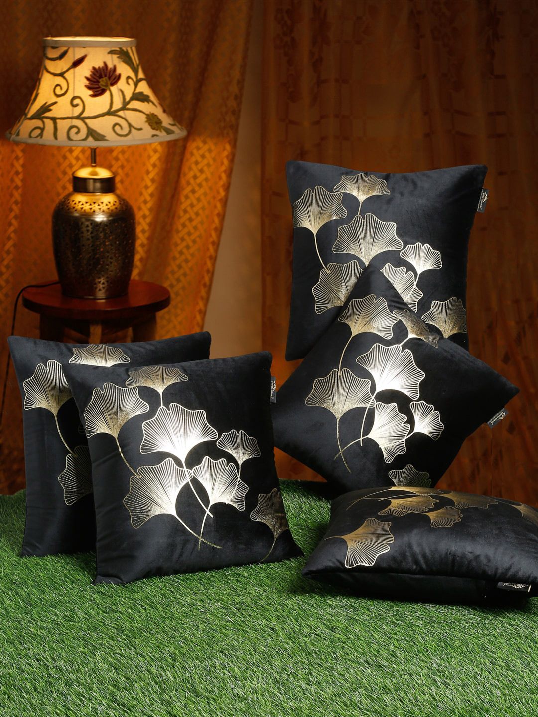 HOSTA HOMES Black & Gold Set of 5 Floral Velvet Square Cushion Covers