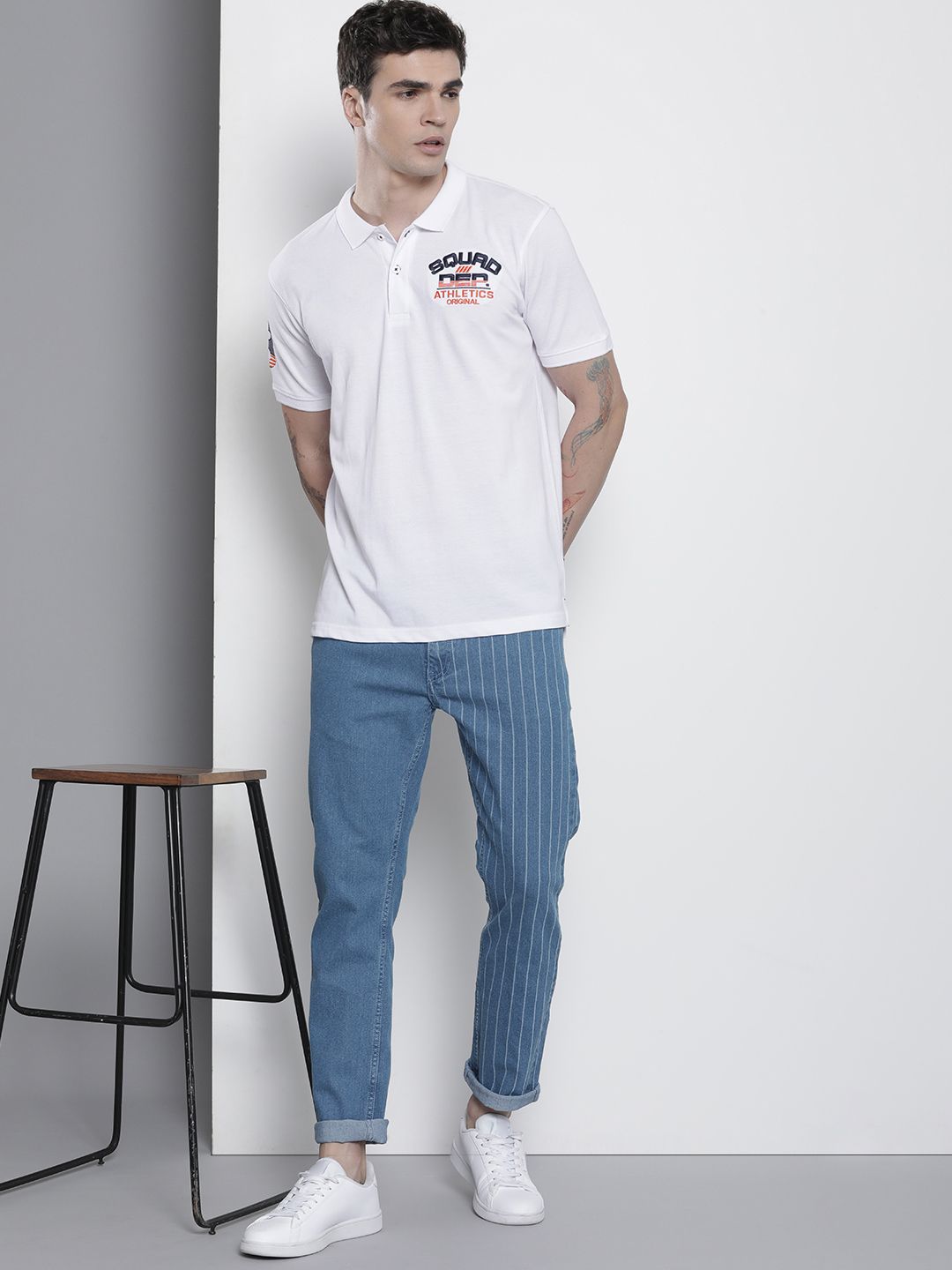 Garage Co Indian Lelaki Lurus Fit Printed Regangan Seluar Jeans