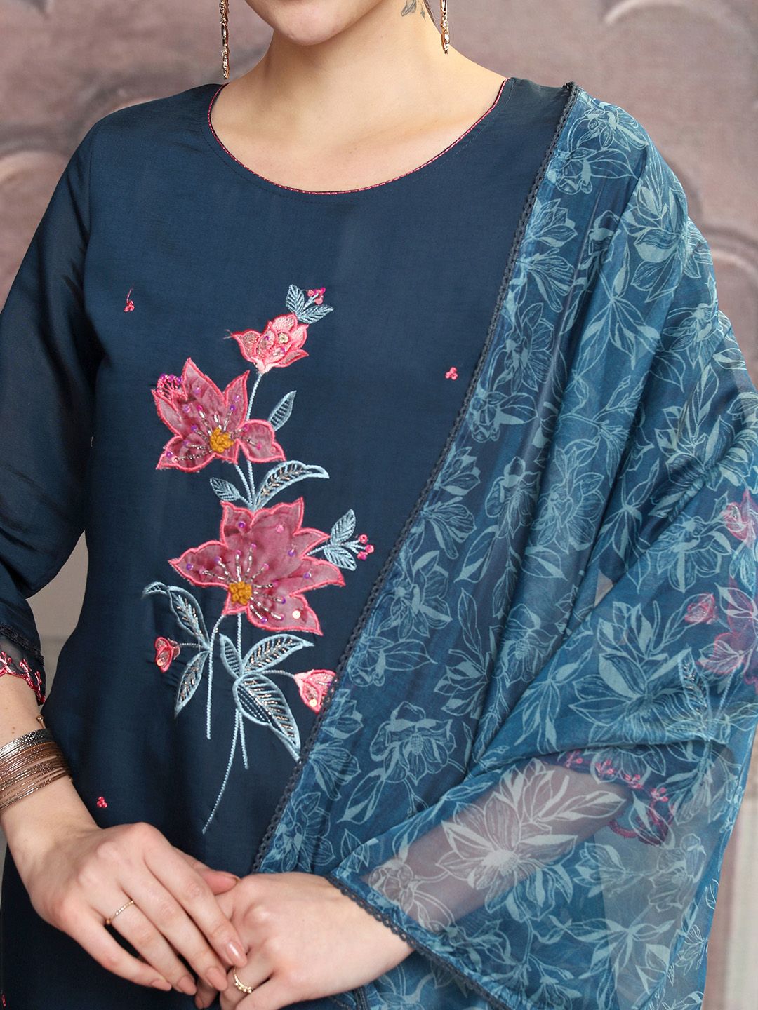 Vishudh Navy Blue Floral Embroidered Thread Work Straight Kurta With Trousers & Dupatta