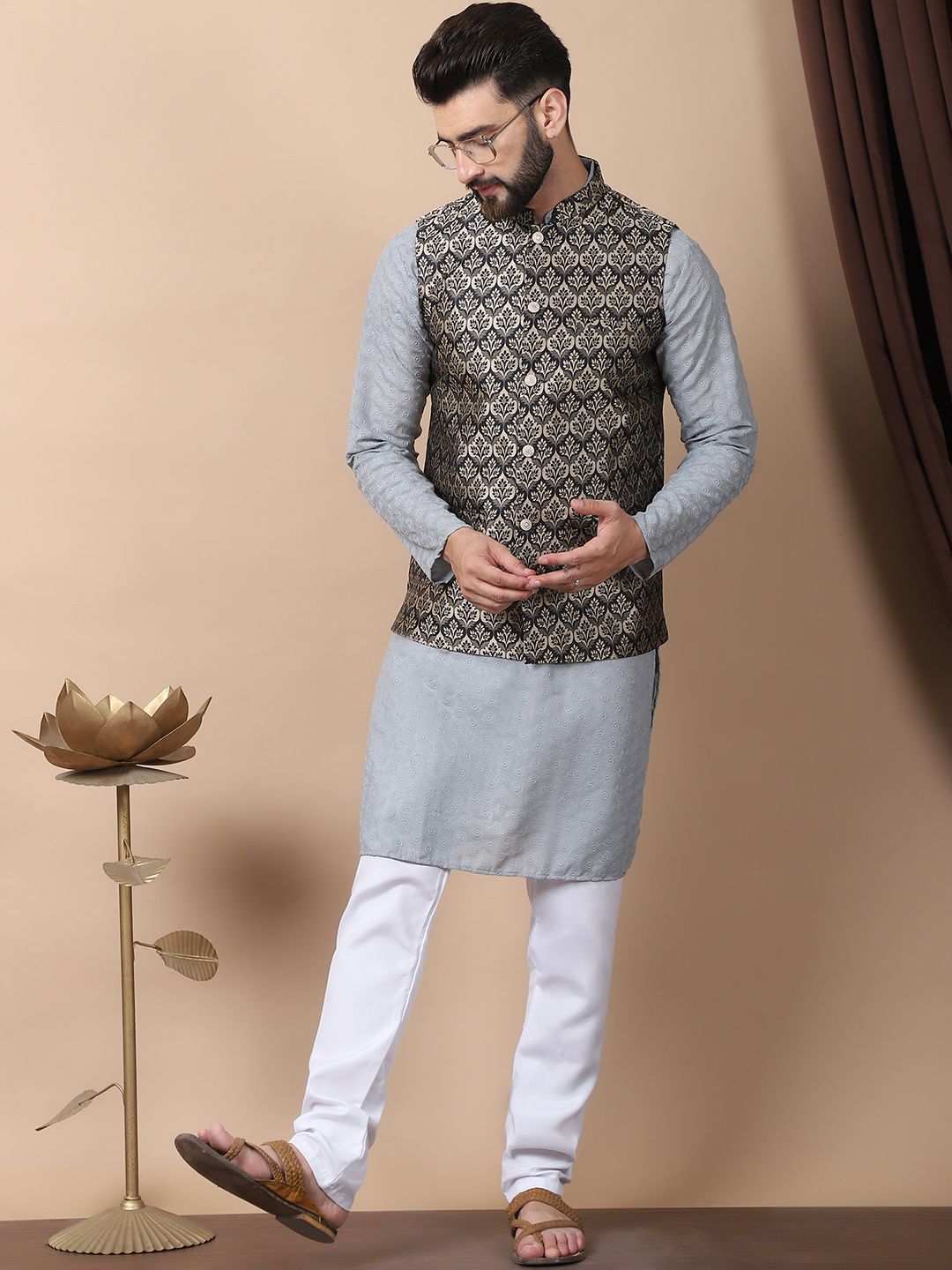Anouk Grey Floral Embroidered Thread Work Pure Cotton Kurta with Churidar & Nehru Jacket