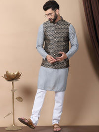 Anouk Grey Floral Embroidered Thread Work Pure Cotton Kurta with Churidar & Nehru Jacket