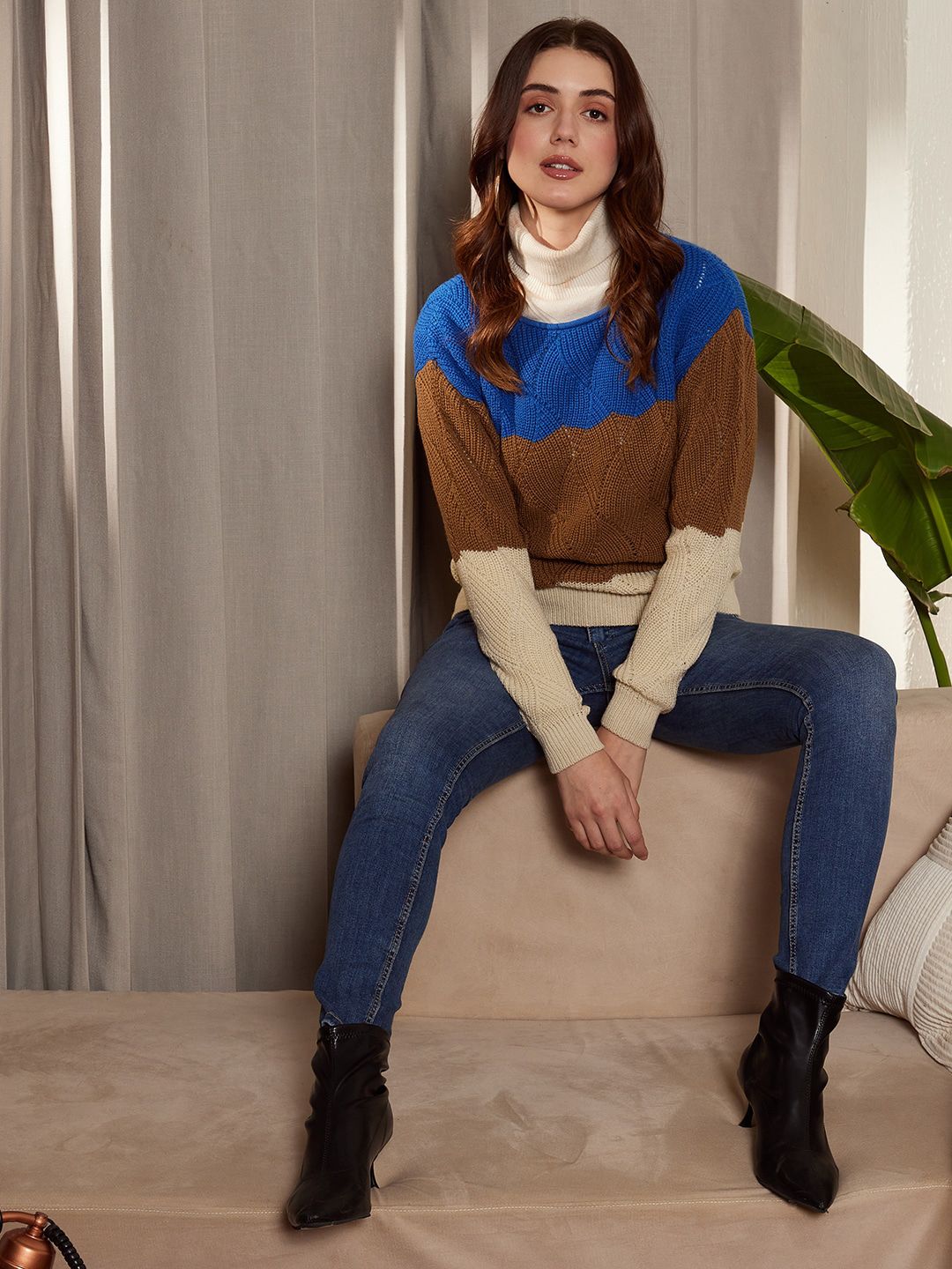 Berrylush Colourblocked Turtle Neck Acrylic Pullover Sweater