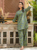 SANSKRUTIHOMES Green & Blue Ethnic Motifs Printed Pure Cotton Night Suit
