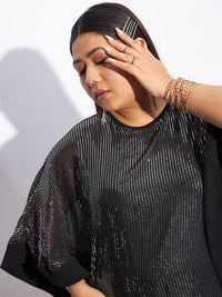 SASSAFRAS Curve Plus Size Black Cape Sleeves Sequinned Sheath Dress