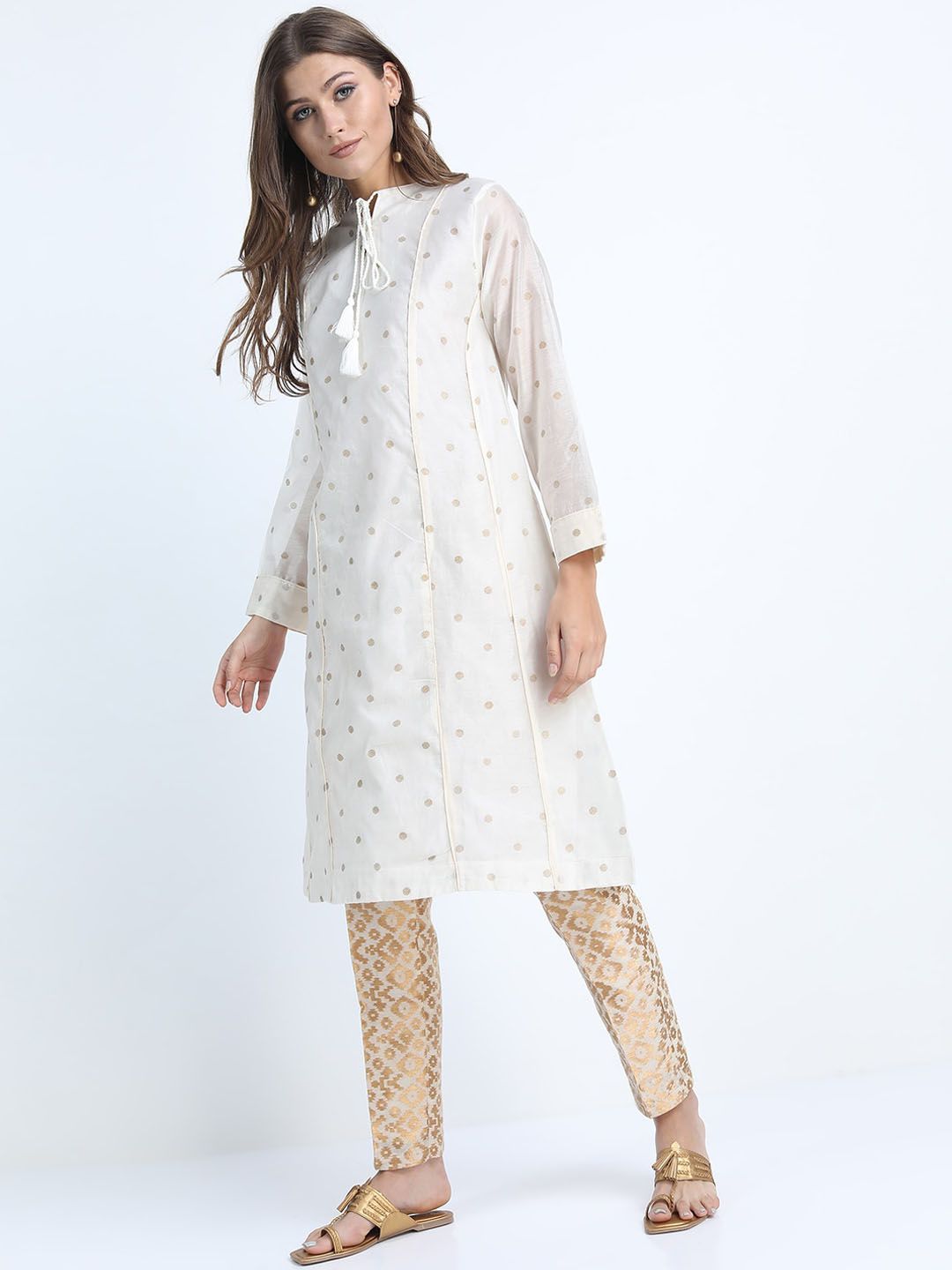Vishudh Women Cream-Coloured Printed A-Line Kurta