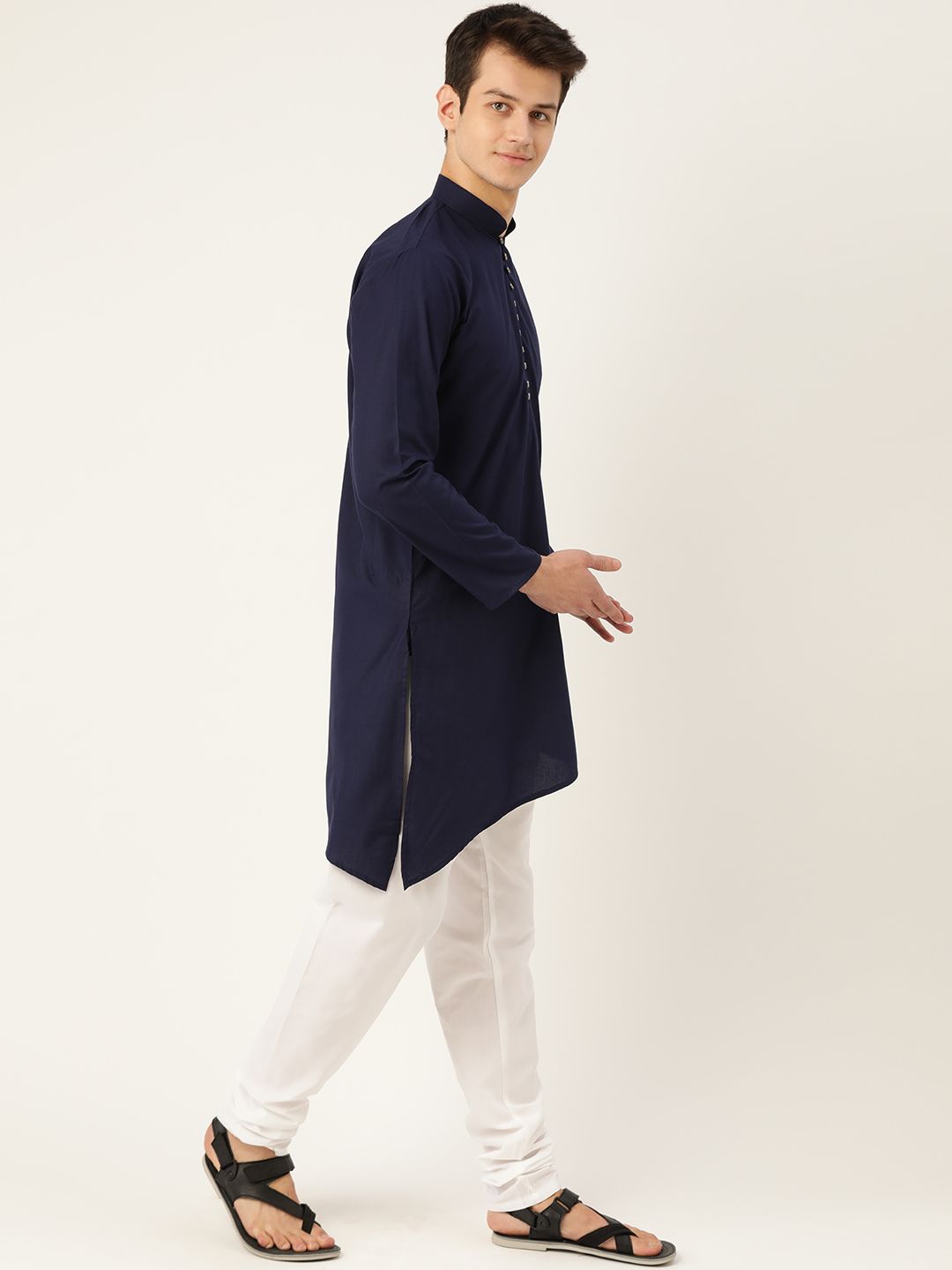 SOJANYA Men Navy Blue Solid Asymmetric Straight Kurta