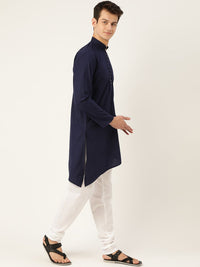 SOJANYA Men Navy Blue Solid Asymmetric Straight Kurta