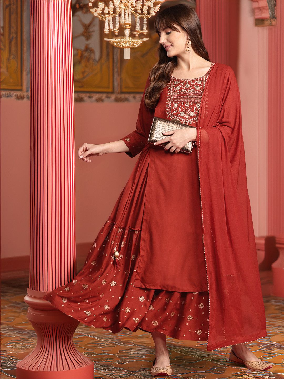 Anouk Ethnic Printed Yoke Embroidered Layered Kurta with Dupatta