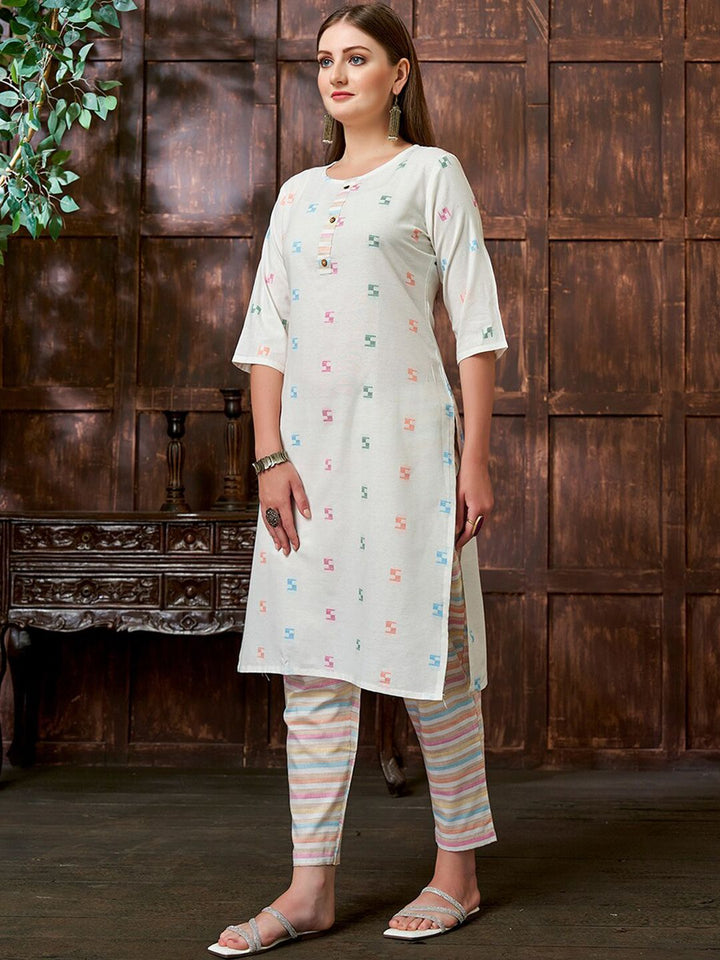 KALINI Geometric Woven Design Thread Work Kurta with Trousers