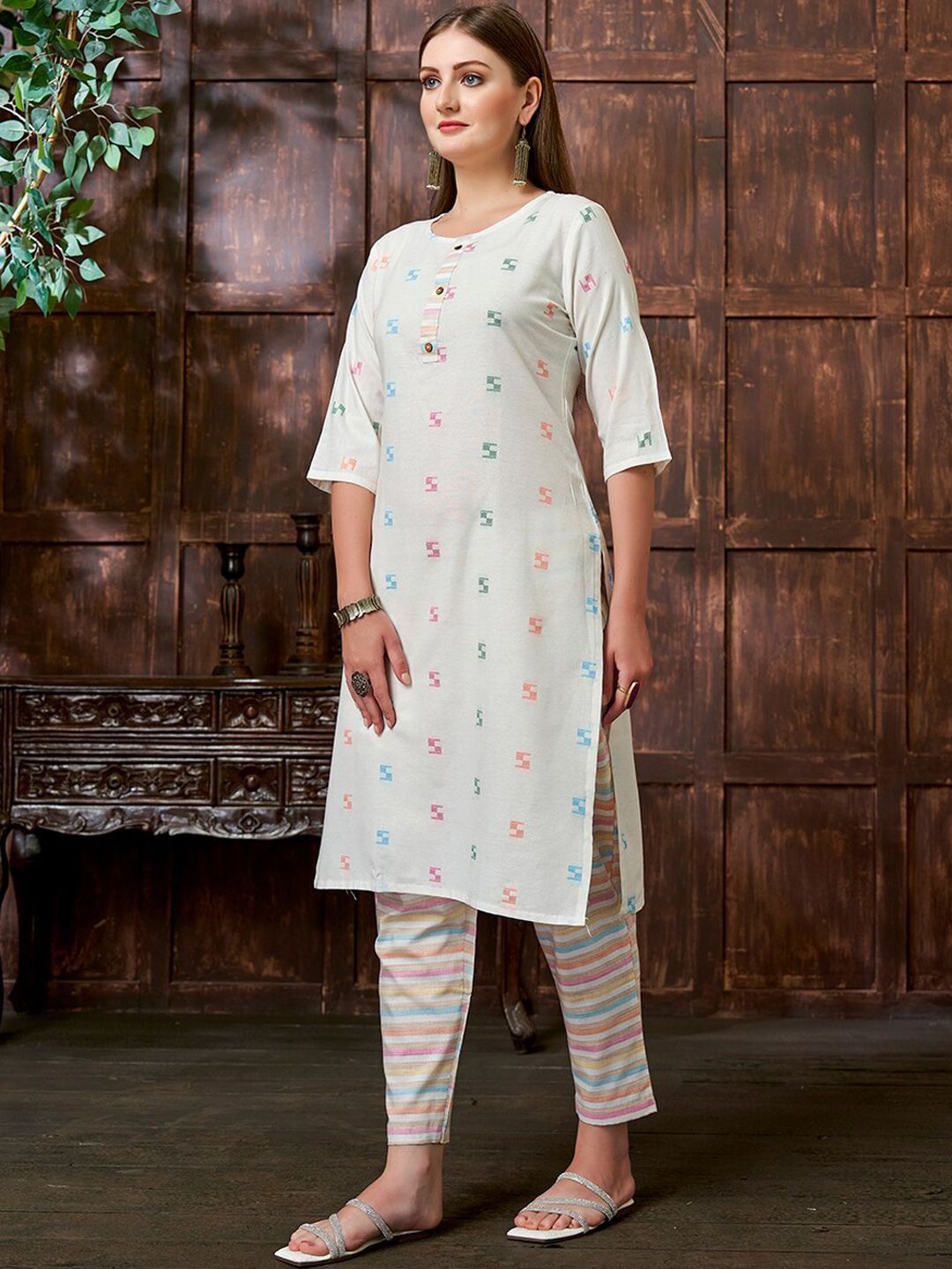 KALINI Geometric Woven Design Thread Work Kurta with Trousers