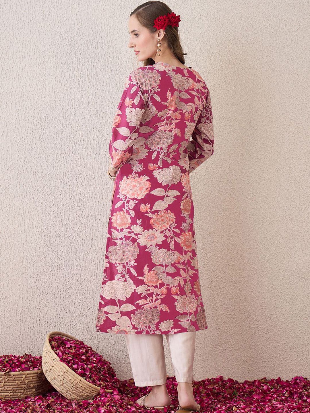 Indo Era Floral Printed Notch Neck Thread Work Cotton Straight Kurta