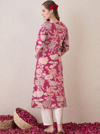 Indo Era Floral Printed Notch Neck Thread Work Cotton Straight Kurta