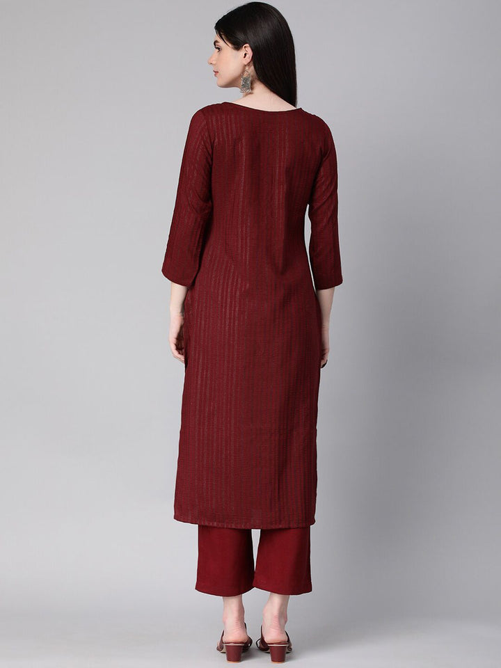 KALINI Striped Round Neck Three-Quarter Sleeves Thread Work Kurta with Trousers