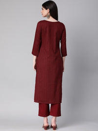 KALINI Striped Round Neck Three-Quarter Sleeves Thread Work Kurta with Trousers