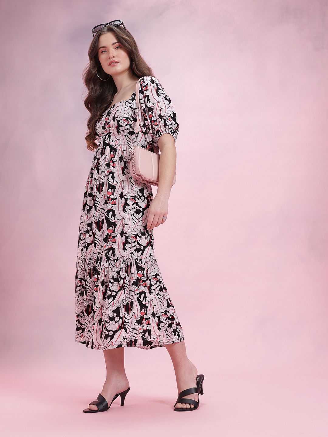 DressBerry Floral Print Puff Sleeve A-Line Midi Dress