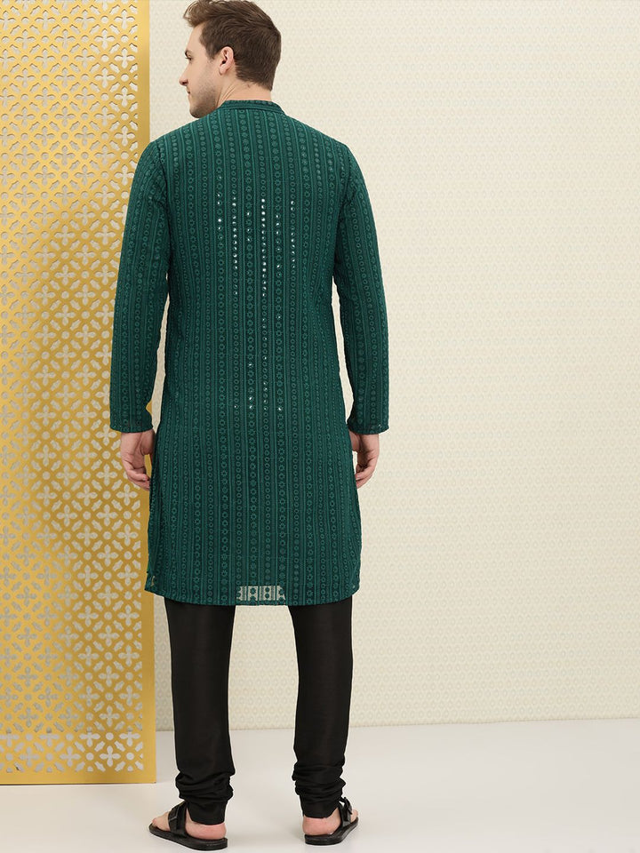 House of Pataudi Men Green Sequins Embellished Mandarin Collared Straight Kurta
