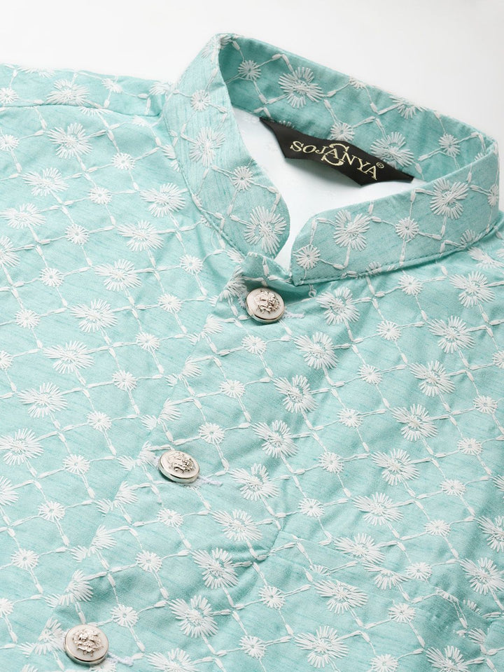 SOJANYA Lelaki Motif Etnik Biru & Hijau Kurta Sulam Churidar