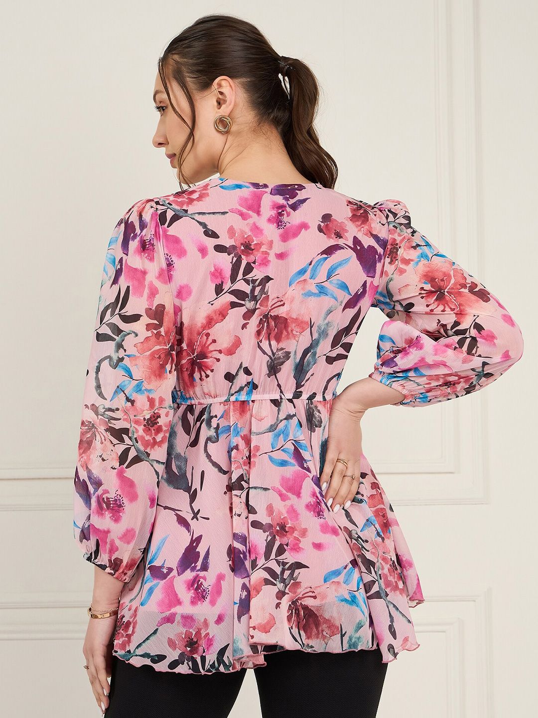 Antheaa Floral Print Puff Sleeve Chiffon Empire Top