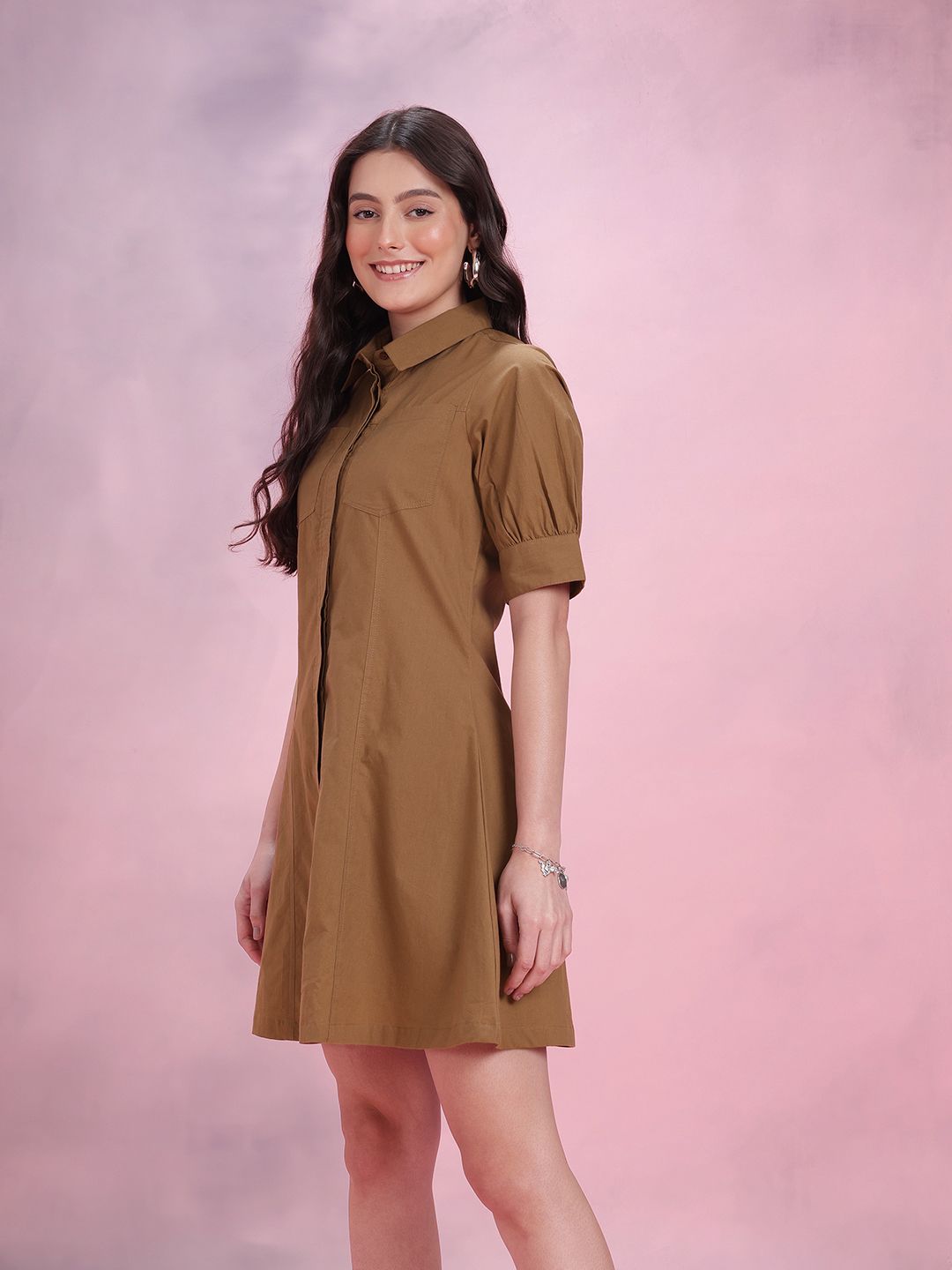 DressBerry Pure Cotton Puff Sleeves Mini Shirt Dress
