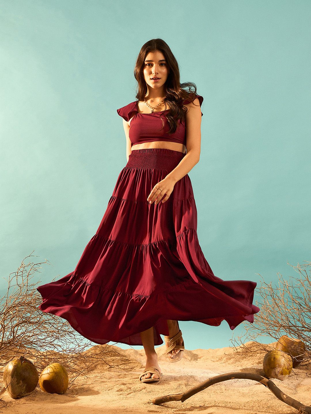 Berrylush Maroon Square Neck Top With Skirt