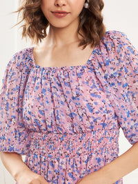 Antheaa Square Neck Floral Printed Tiered Chiffon Fit & Flare Midi Dress
