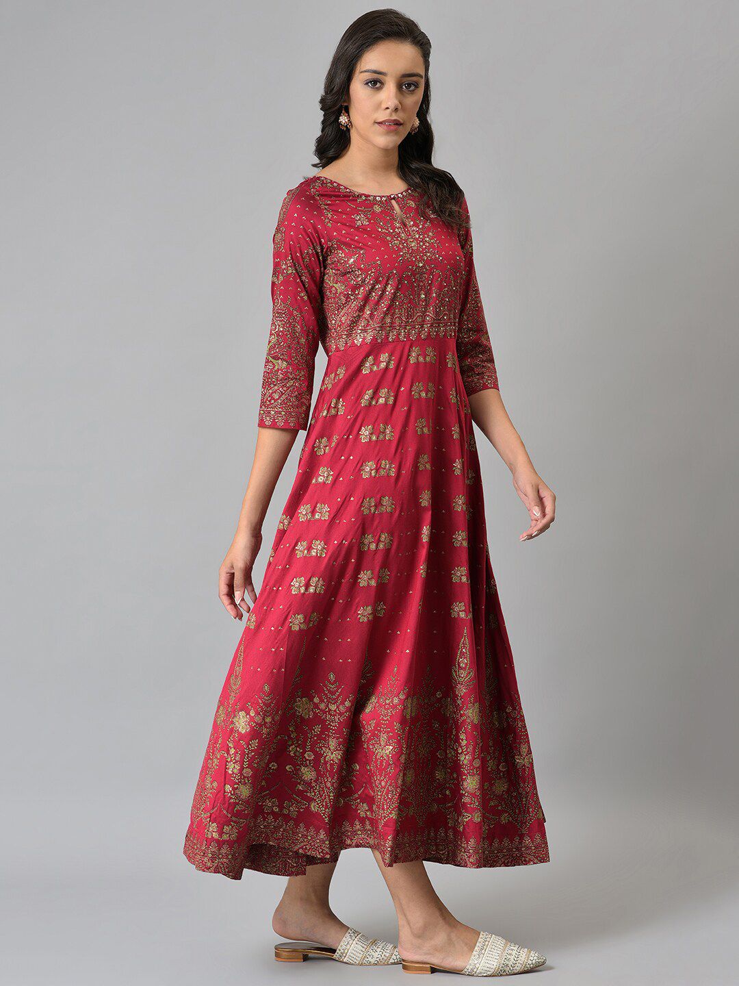 W Red Ethnic Motifs Keyhole Neck Chiffon Ethnic Maxi Dress