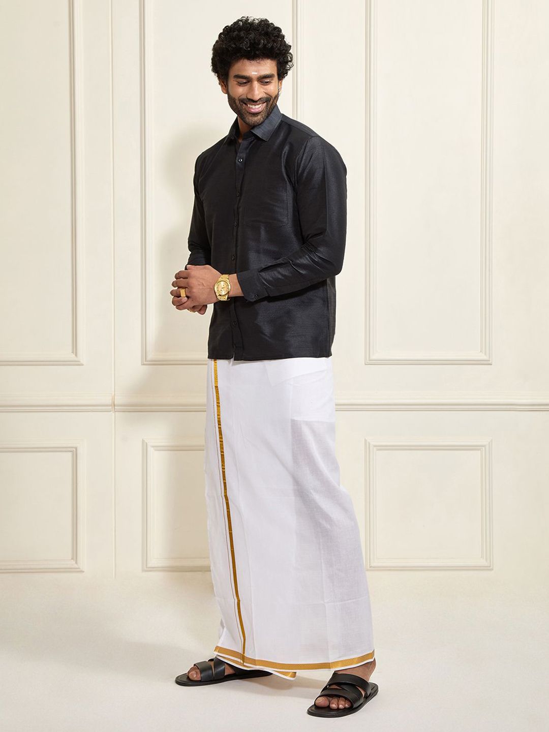 VASTRAMAY Shirt Collar Long Roll-Up Sleeves Shirt With Veshti