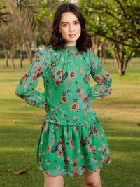 STREET 9 Green & Orange Coloured Floral Printed & Gathered Drop Waist Dress