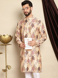 Anouk Beige Ethnic Motifs Printed Mandarin Collar Long Sleeves Silk Cotton Straight Kurta