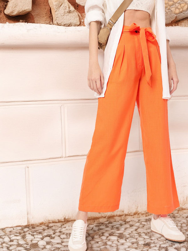 Femme Chic Ribbon Tie-Up Pleated High-Rise Trousers