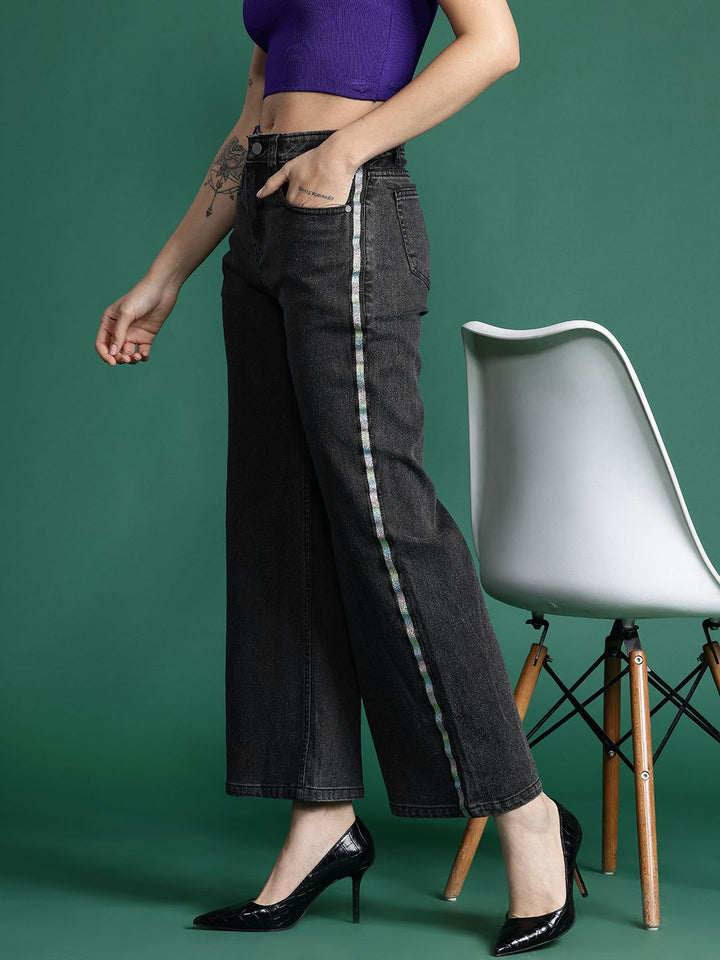 DressBerry Women Wide Leg with Side Stripe Stretchable Jeans