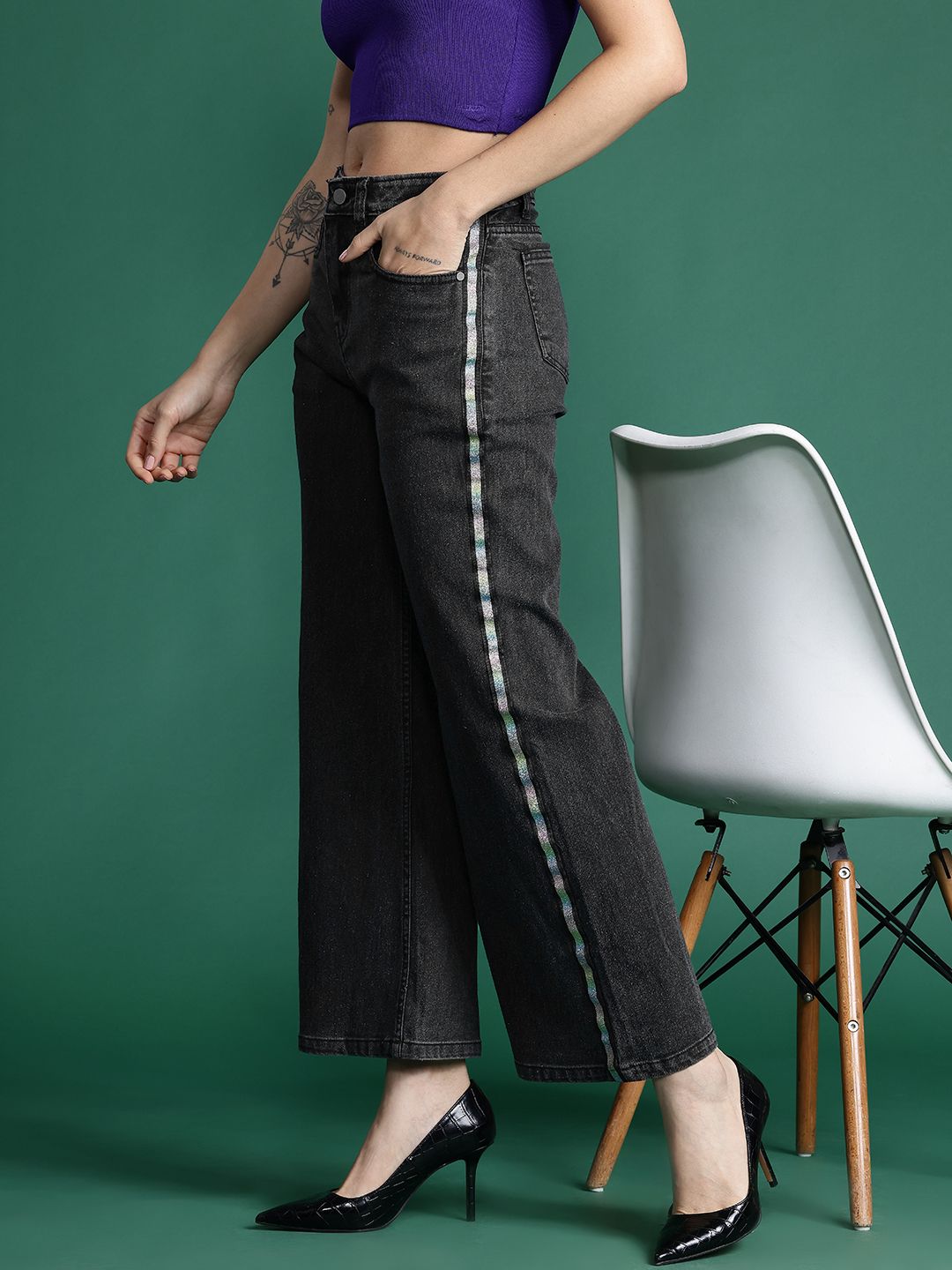 DressBerry Women Wide Leg with Side Stripe Stretchable Jeans
