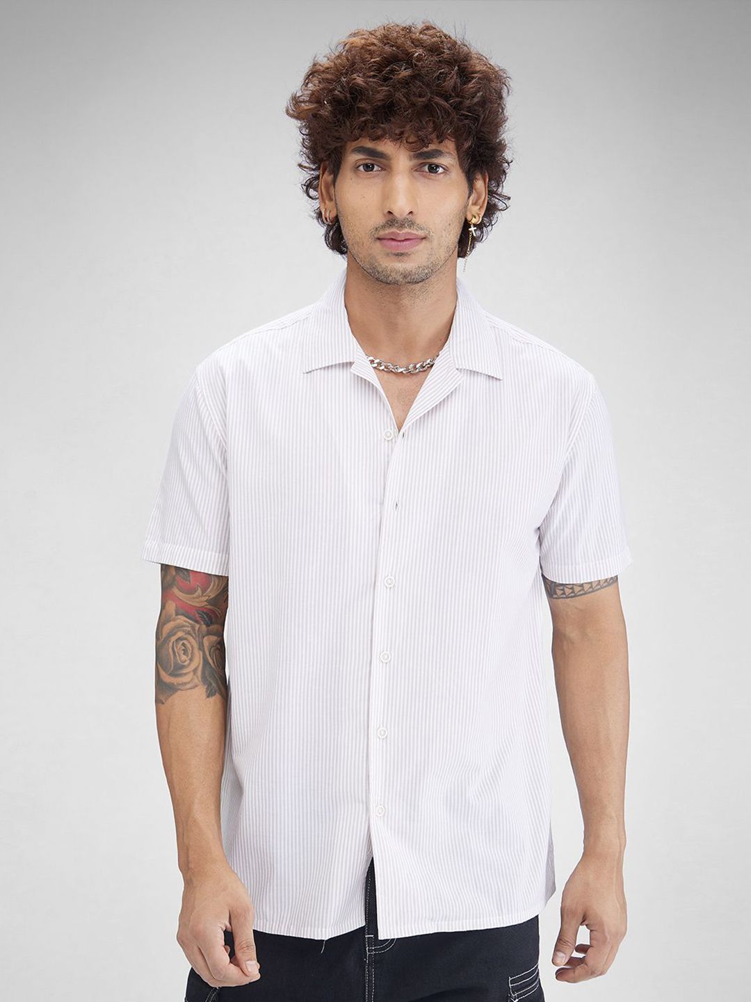 VASTRADO Men Striped Resort Collar Cotton Oversized Shirt