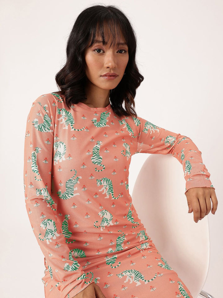 DressBerry Girly Girl Soft Net Graphic Printed Sheath Midi Dress Comes With Inner Slip