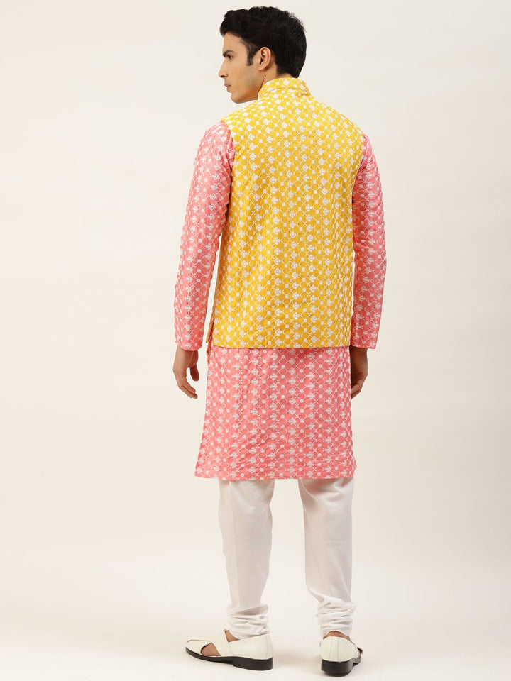 SOJANYA Men Pink & White Embroidered Thread Work Kurta with Churidar & Nehru Jacket