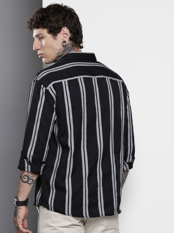 The Indian Garage Co Men Black Relaxed Fit Striped Dobby Resort Wear Shirt