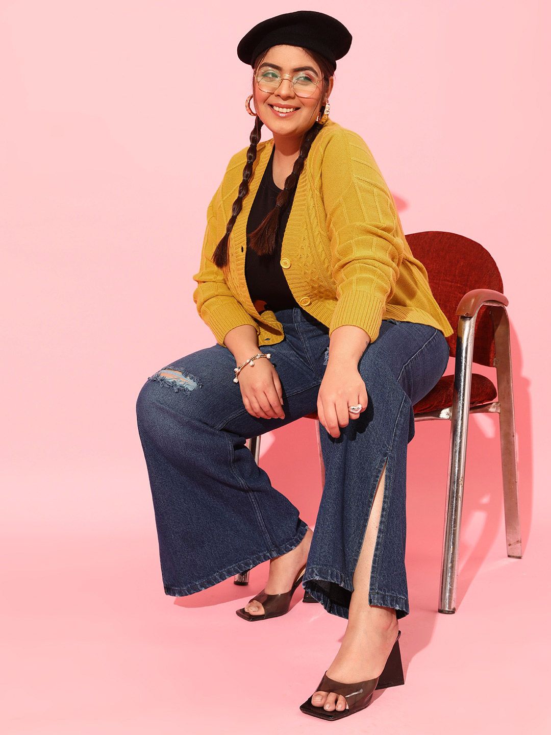 CURVY STREET Plus Size Women Yellow Cable Knit Acrylic Cardigan