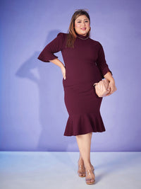 SASSAFRAS Curve Plus Size Burgundy Bell Sleeve Sheath Dress