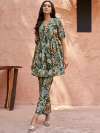 KALINI Floral Printed V-Neck Puff Sleeves Regular A-Line Kurti with Trousers