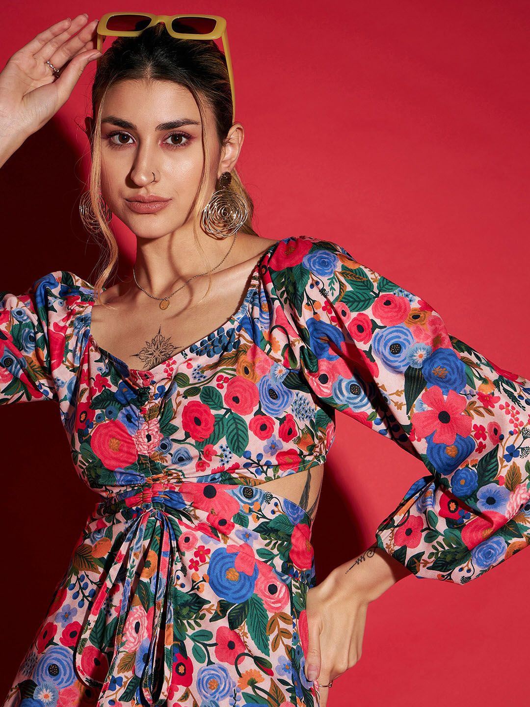 SASSAFRAS Multicolor Floral Printed Peplum Top & Trousers Co-Ords
