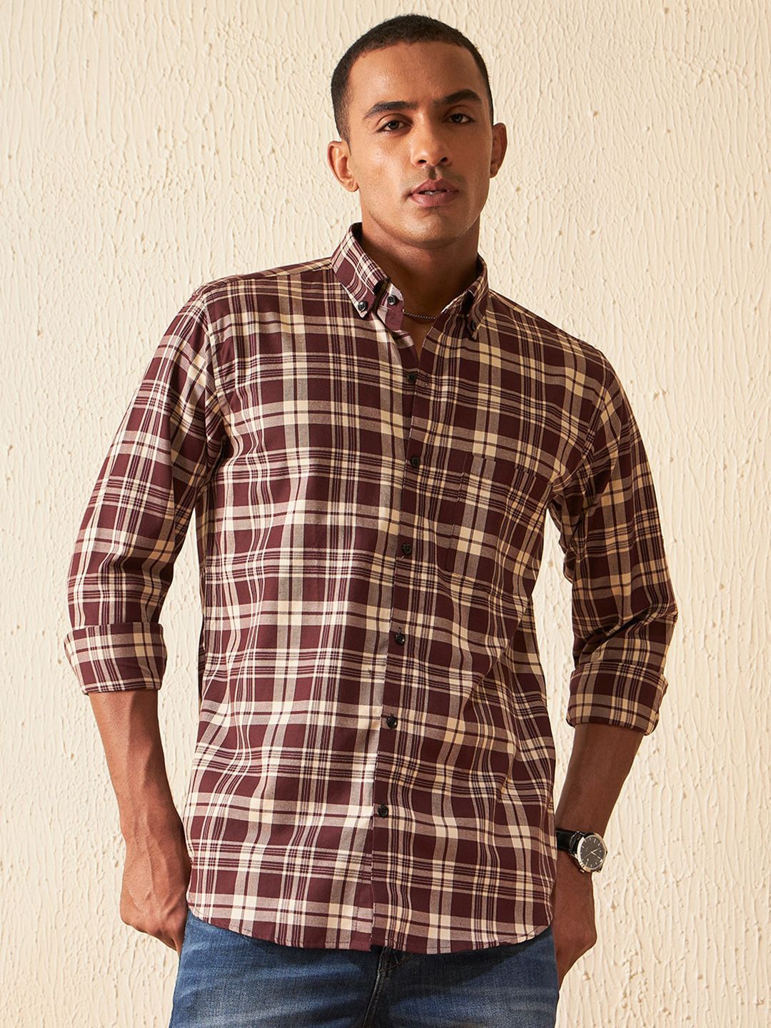 DENNISON Smart Tartan Checked Button-Down Collar Cotton Casual Shirt