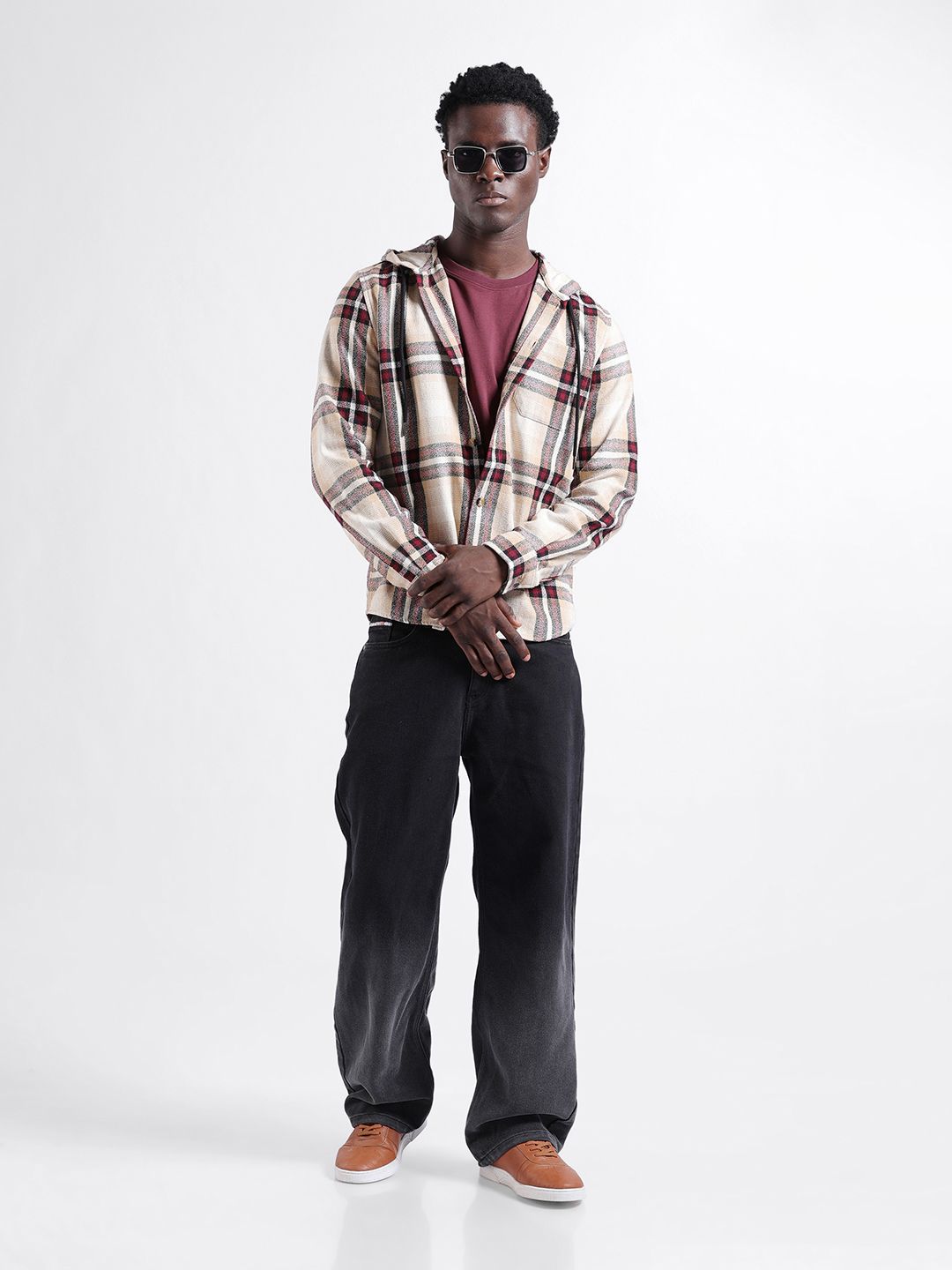 The Indian Garage Co Men Regular Fit Checked Casual Hooded Overshirt