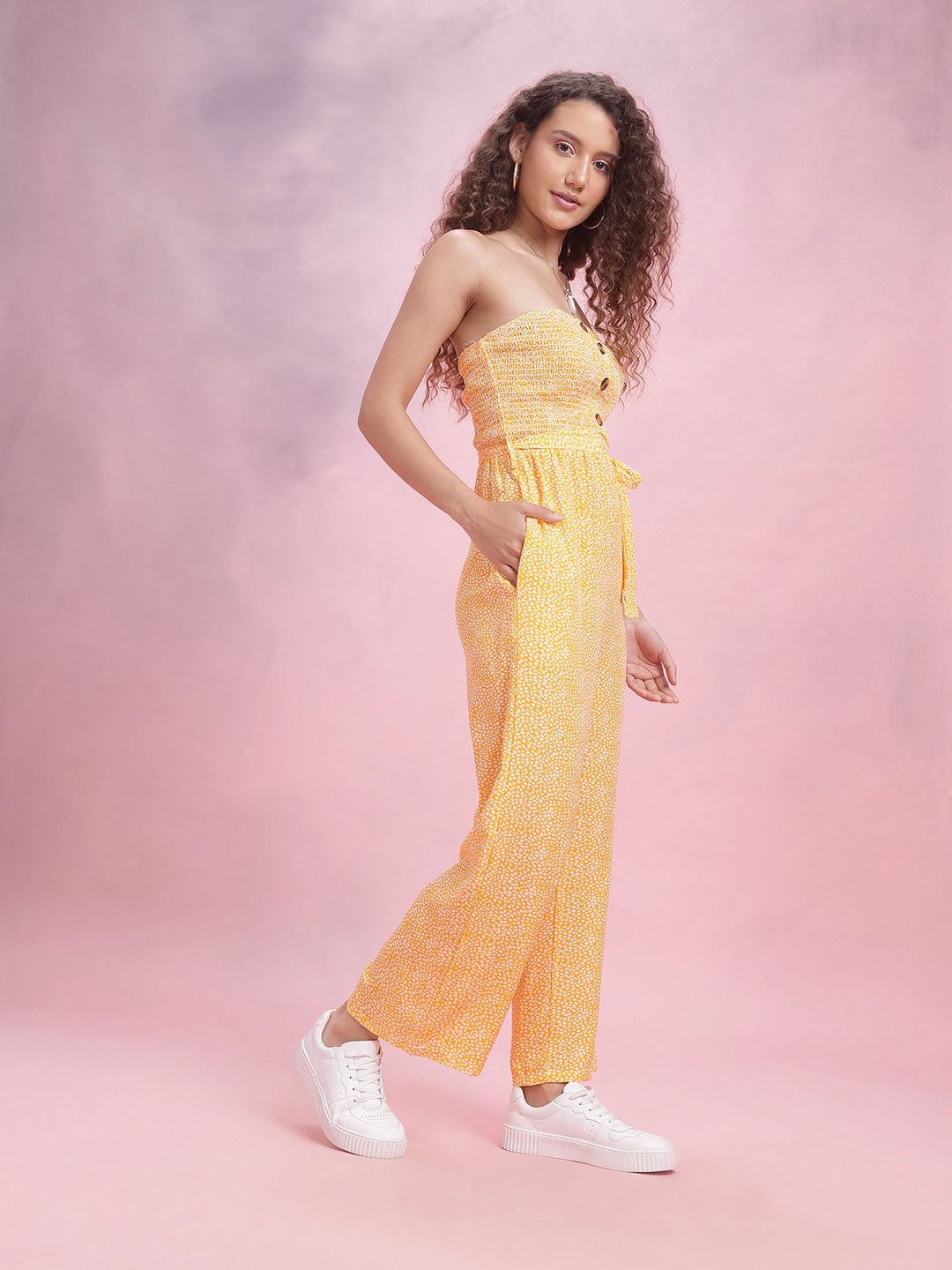 DressBerry Off-Shoulder Printed Smocked Belted Basic Jumpsuit