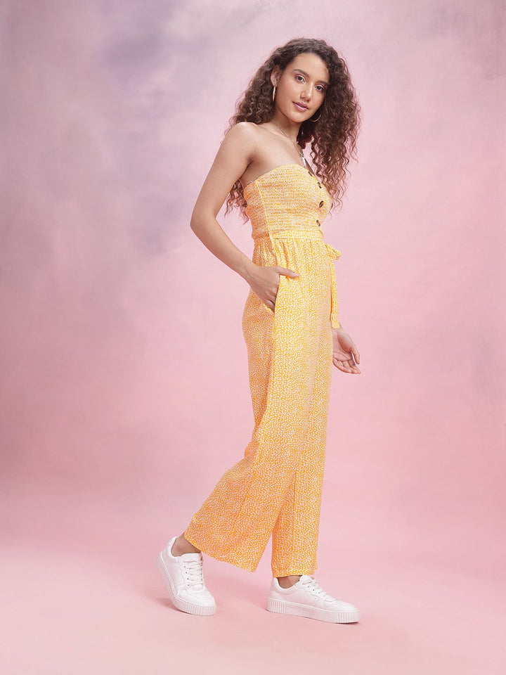 DressBerry Off-Shoulder Printed Smocked Belted Basic Jumpsuit