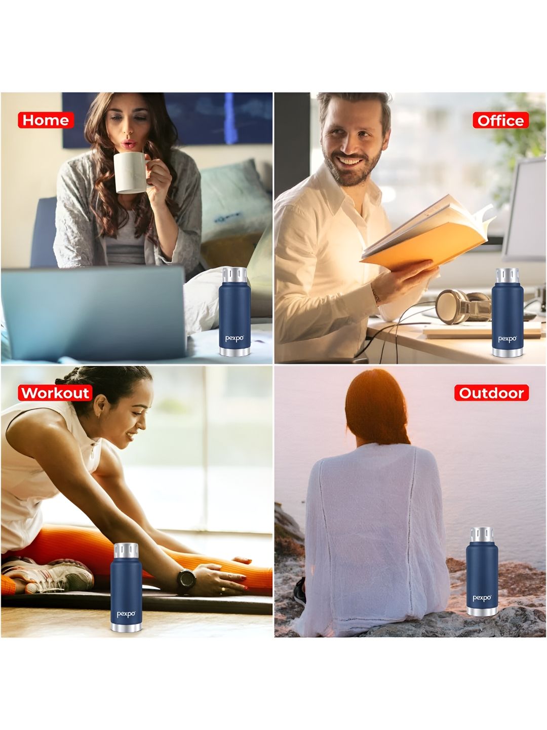 Pexpo Cameo Denim Blue Stainless Steel Double Wall Hot and Cold Flask Water Bottle 300ml