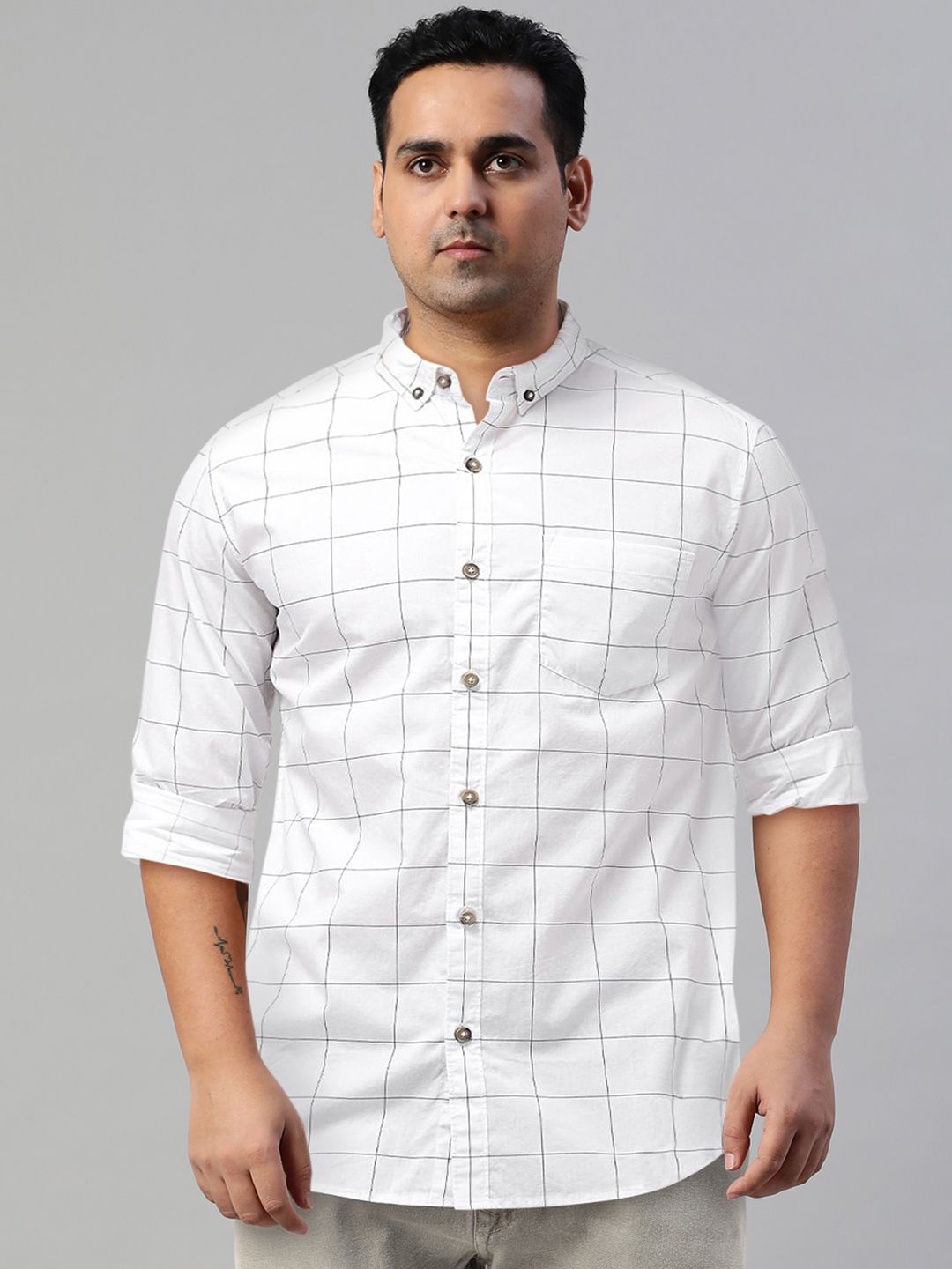 HIGHLANDER Men White & Blue Slim Fit Checked Casual Shirt