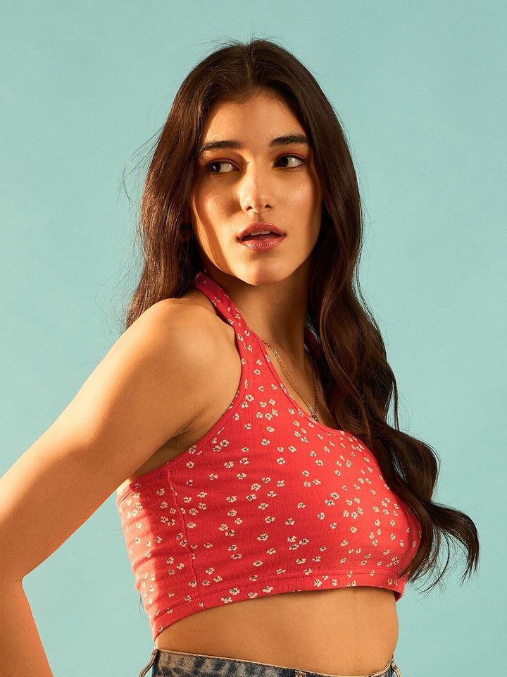 Berrylush Red Floral Printed Halter Neck Cotton T-shirt