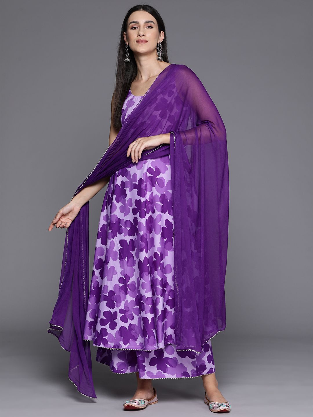 Varanga Women Floral Printed Empire Silk Crepe Kurta with Trousers & Dupatta
